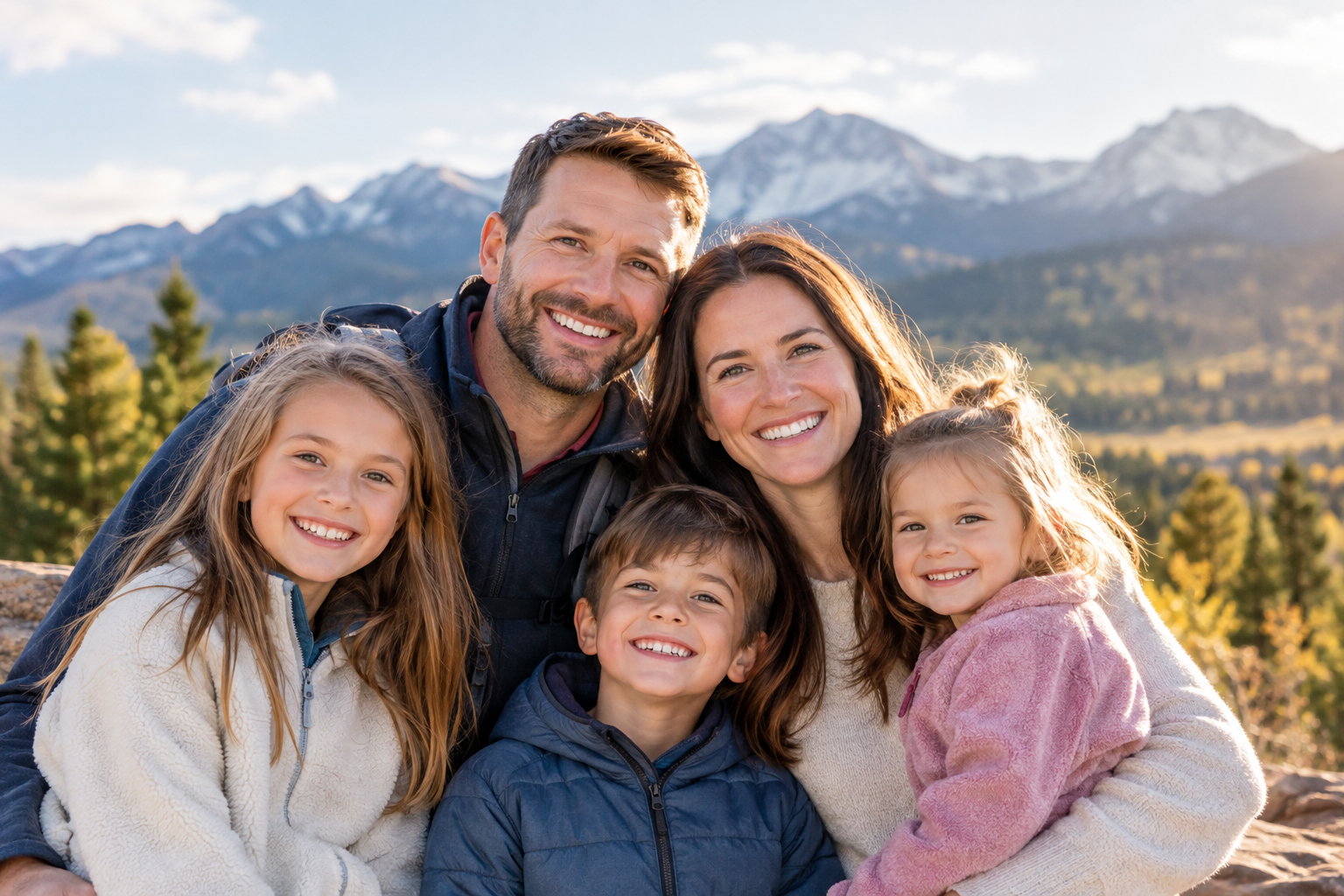 Family of five together at a Colorado mountain overlook